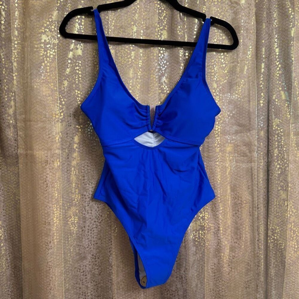 Bright Royal Blue V Neck Cutout One Piece Swimsuit Small NWOT
